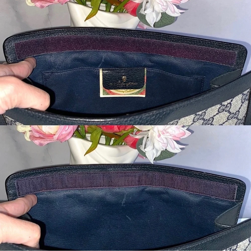 Gucci Beige Navy Monogram Canvas Leather Clutch